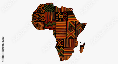 Abstract vector illustration of the Africa continent map filled with rich, earthy-toned geometric tribal patterns, resembling traditional African textile art like Mudcloth or Kuba cloth