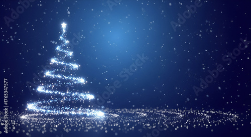 Abstract Christmas Tree Formed by Sparkling Blue and White Particle Trails with a Bright Star Topper, Surrounded by Falling Snowflakes and Bokeh on a Dark Blue Winter Background