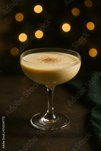 Eggnog Cocktail in Coupe Glass with Warm Bokeh