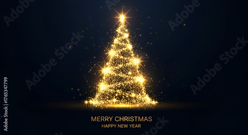 Merry Christmas and Happy New Year Greeting with a Brilliant Abstract Cone Shaped Tree Made of Golden Sparkling Light Particles and Stars, Glowing Brightly on a Dark Blue Background