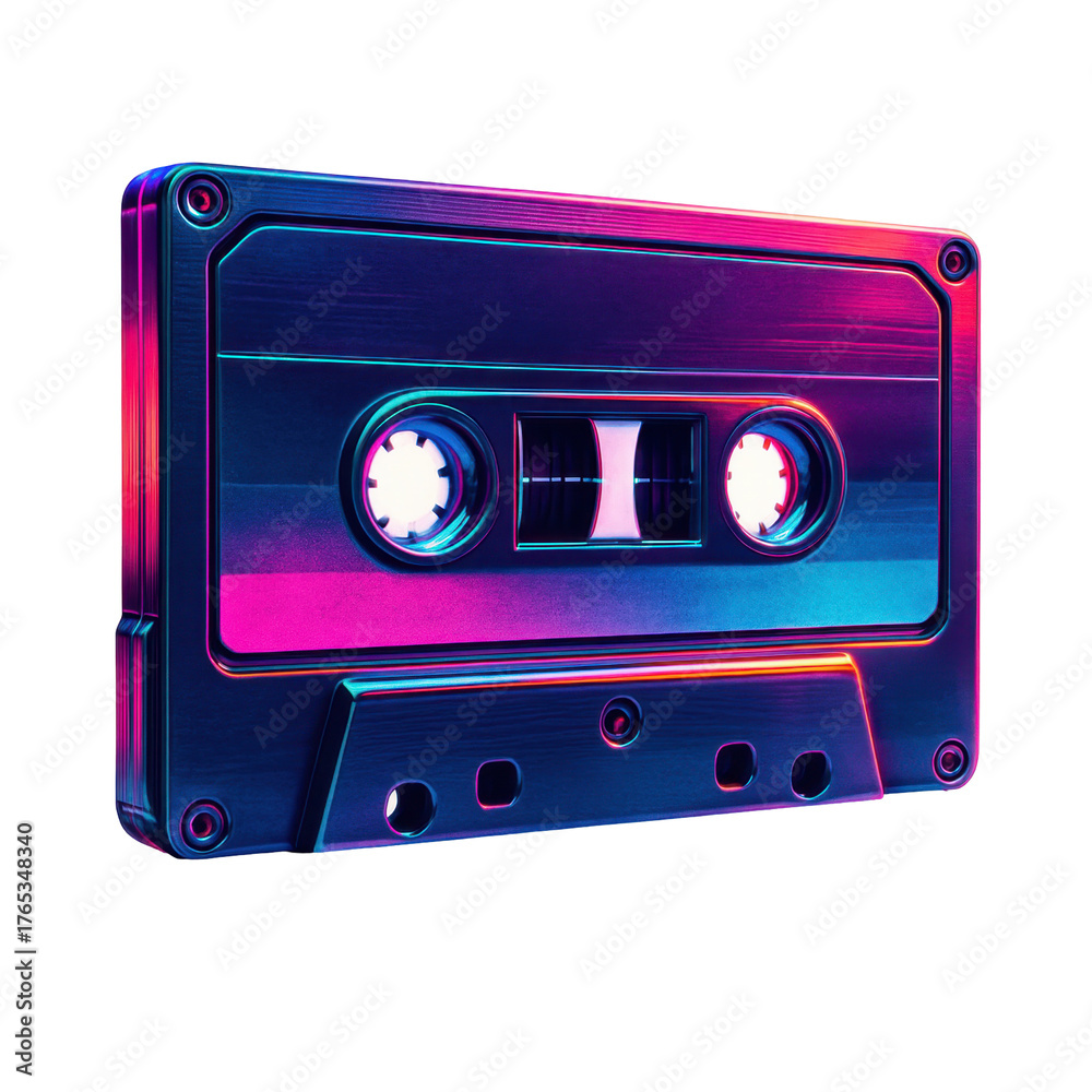 Obraz premium A vintage cassette tape rendered with a striking neon aesthetic, featuring vibrant pink, blue, and purple lighting that gives it a futuristic and retro-futuristic feel. The background is transparent.