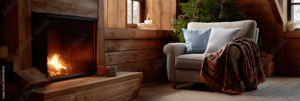 Naklejka premium Cozy cabin interior with fireplace and comfortable armchair by a christmas tree