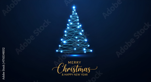 Merry Christmas and Happy New Year Greeting with a Modern Abstract Light Tree Formed by Glowing Blue Lines and Small Lights, Standing on a Dark Background for Elegant Holiday Design