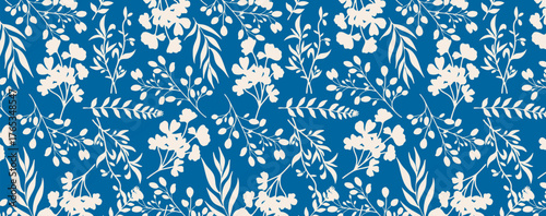 Monochrome two color floral vector seamless pattern with hand drawn branches, leaves and blooms
