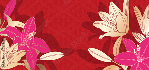 Luxurious lily flowers with leaves and buds gorgeous colorful background in Chinese style.
