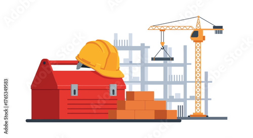 Construction site essentials: toolbox, hard hat, bricks, and crane symbolize building and development.