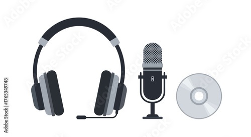 Modern microphone, headphones, and CD for audio recording or broadcasting