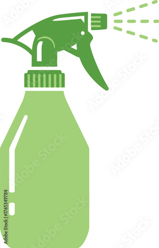 Green spray bottle dispensing liquid, representing cleaning or gardening.