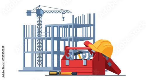 Construction site with tools and hard hat, symbolizing building and development