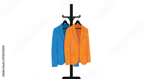 Two colorful jackets hanging on a coat rack, ready for wear