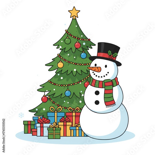 Illustration of a snowman in front of a fir tree decorated with Christmas accessories. Isolated on a white background.
