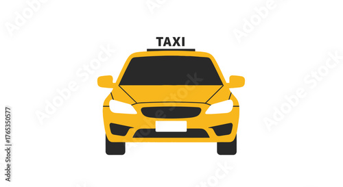Bright yellow taxi cab front view on a white background, ready for city transport.