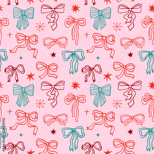 Seamless Christmas pattern with stars and coquette ribbon bows