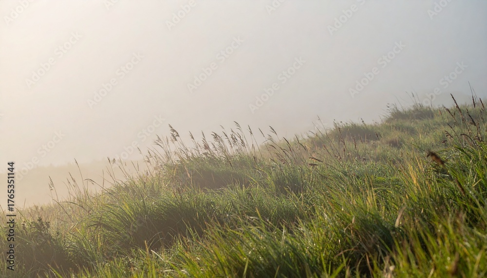Obraz premium Grassy Hillside Whispers Serenity: Foggy Landscape with Wild Grasses