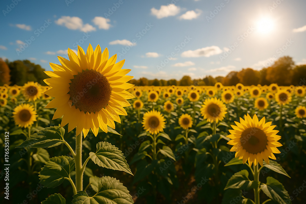 Obraz premium Bright Sunflower Field Under a Clear Blue Autumn Sky