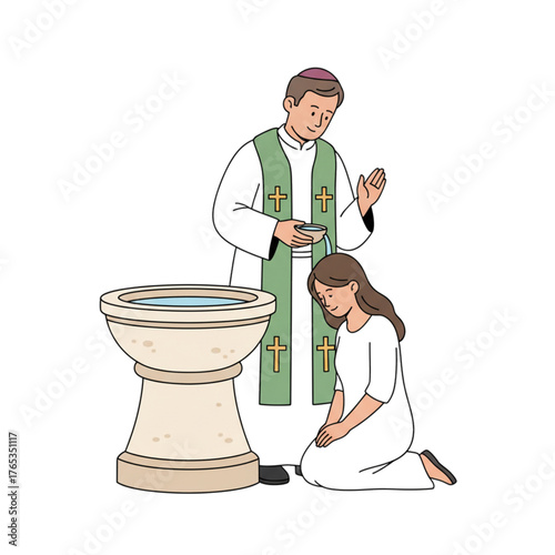Illustration of a Catholic priest performing a baptism process on a woman. Isolated on a white background.