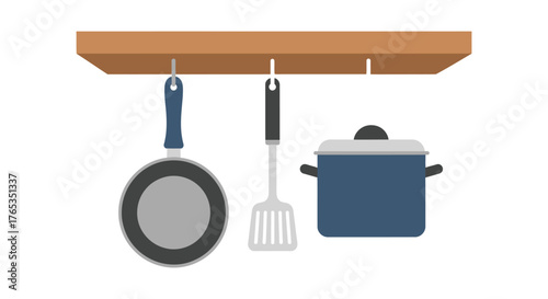 Essential kitchen tools neatly organized on a wooden shelf with hanging hooks