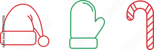 Christmas icons in outline style for holiday design and decoration in red and green