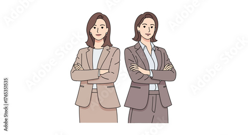 Two confident women in business suits standing with arms crossed, symbolizing teamwork and professionalism.