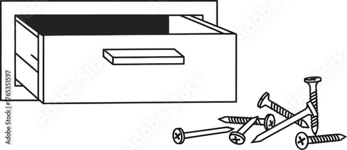 Open drawer with a pile of screws and nails, suggesting DIY or repair.