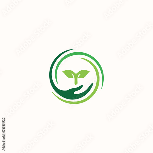 Eco Hand Leaf Care Logo symbol for organic farming, sustainable business, green nature, environmental growth, and wellness concept. Editable graphic element