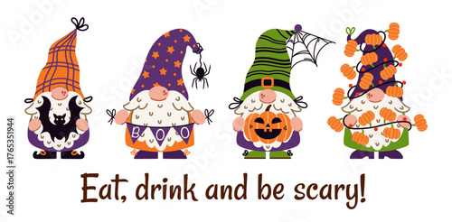 A funny Halloween gnome vector set. Cute bearded elves are holding a bat, a garland with a spooky text, a pumpkin lantern. The dwarf is wrapped in a festive decoration. Clipart for fall party, holiday