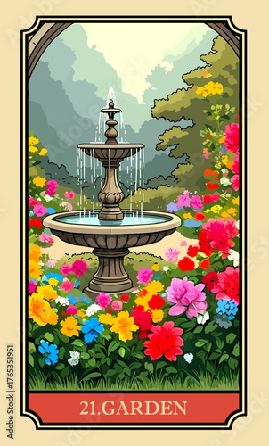 The garden. A comic-style fantasy card from the Lenormand Oracle deck. The classic 5:3 ratio for divination cards.