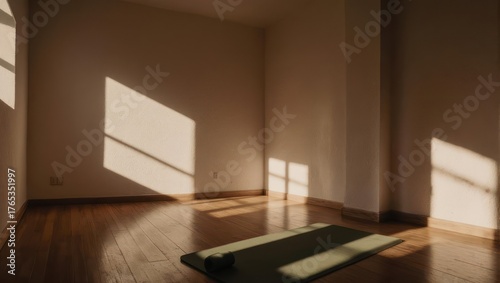 Empty Room with Yoga Mat and Sunlight Streaming Through Windows.