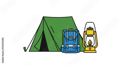 Camping gear including a tent, backpack, and lantern for outdoor adventure