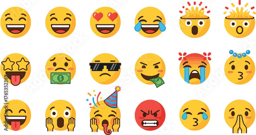 A vibrant collection of expressive emoji faces showcasing a range of emotions and reactions.