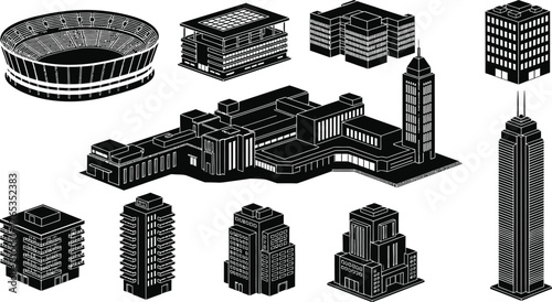 Collection of diverse isometric buildings and structures, showcasing architectural variety in monochrome.