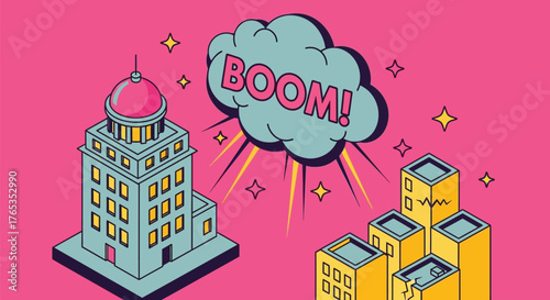 Surprise business explosion disrupts cityscape with comic book style boom