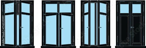 Various styles of open and closed modern windows and doors with light blue glass panes