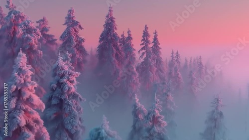 Snow covered forest at dusk with pink and purple hues and soft lighting