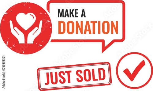 Make a donation and support a good cause with a simple click, showing a symbol of care and a confirmation of sale.