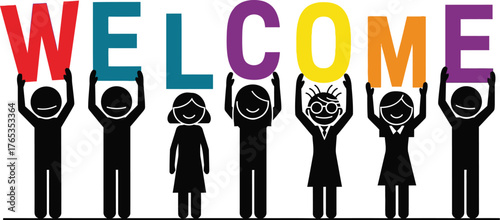 Diverse group of people holding colorful letters to form the word WELCOME, symbolizing unity and invitation.