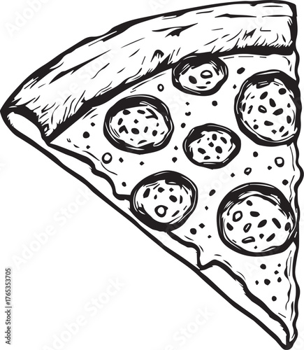 Pepperoni Pizza Slice – Black and White Hand-Drawn Illustration