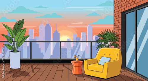 Cozy balcony overlooking a vibrant city skyline at sunset, with comfortable seating and lush plants.