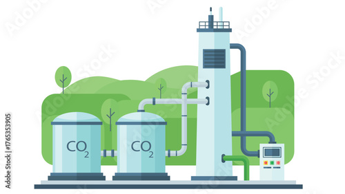 Flat illustration showing carbon capture and storage facility with CO2 tanks, pipes, and industrial tower for green clean energy technology and environment protection