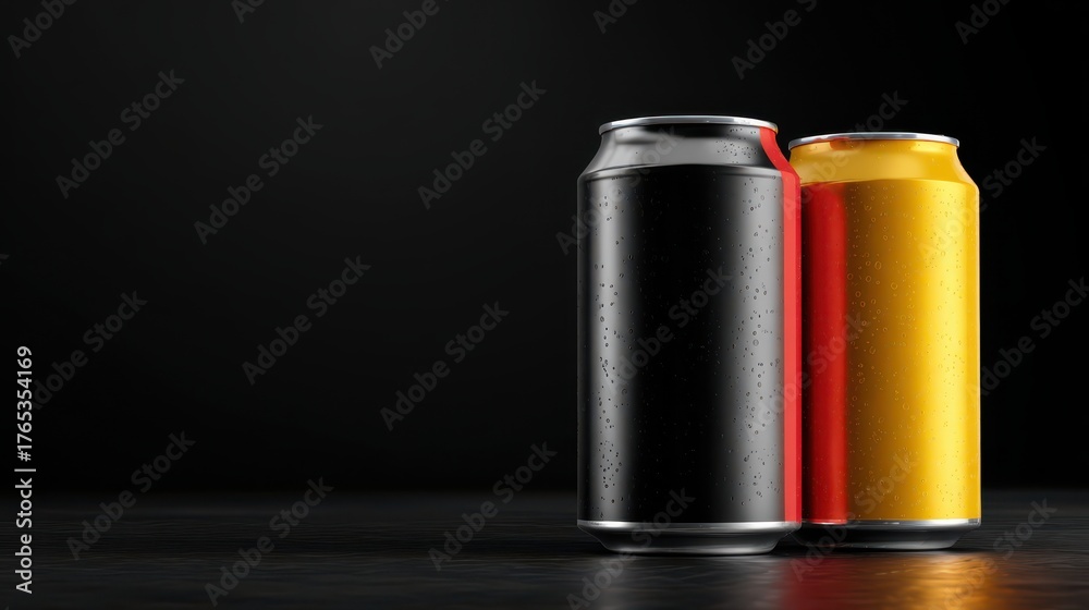Fototapeta premium elegant photo of two refreshing beverage cans, one black and one yellow, on a dark surface.