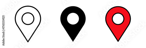 Map marker icon representing a location point or destination pin used for navigation, maps, GPS, and geolocation. Designed in outline, filled, and color flat vector styles.