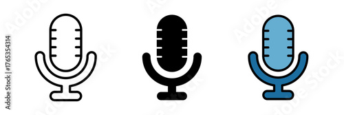 Microphone icon showing a classic mic shape with a rounded top and vertical body, representing audio recording, voice input, podcasts, music, and broadcasting. Provided in outline, filled, and color.