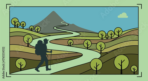 Solo hiker with backpack and trekking poles journeys along a winding path through rolling hills toward a distant mountain peak.