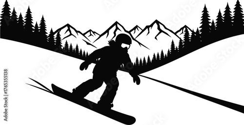 Silhouette of a snowboarder gracefully descending a snowy mountain slope with pine trees and jagged peaks in the background.