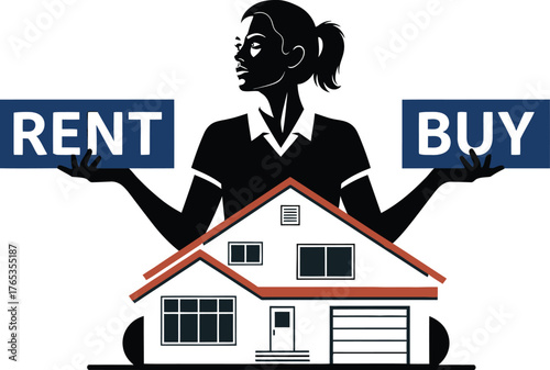 Woman contemplating renting or buying a house, making a significant life decision