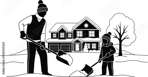 Father and child work together to clear snow from their yard on a winter day.