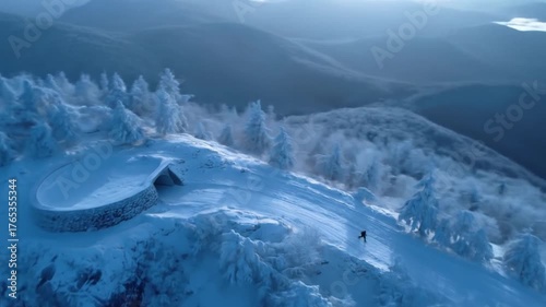 Snow covered mountain landscape with person skiing down a slope