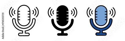 Podcast icon set in flat vector illustration, created in outline, filled, and color style. Ideal for audio, broadcasting, streaming, media, and communication design concepts.