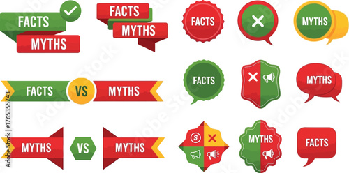 Collection of graphic icons and banners representing facts versus myths