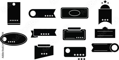 Collection of black graphic design elements and labels with star ratings